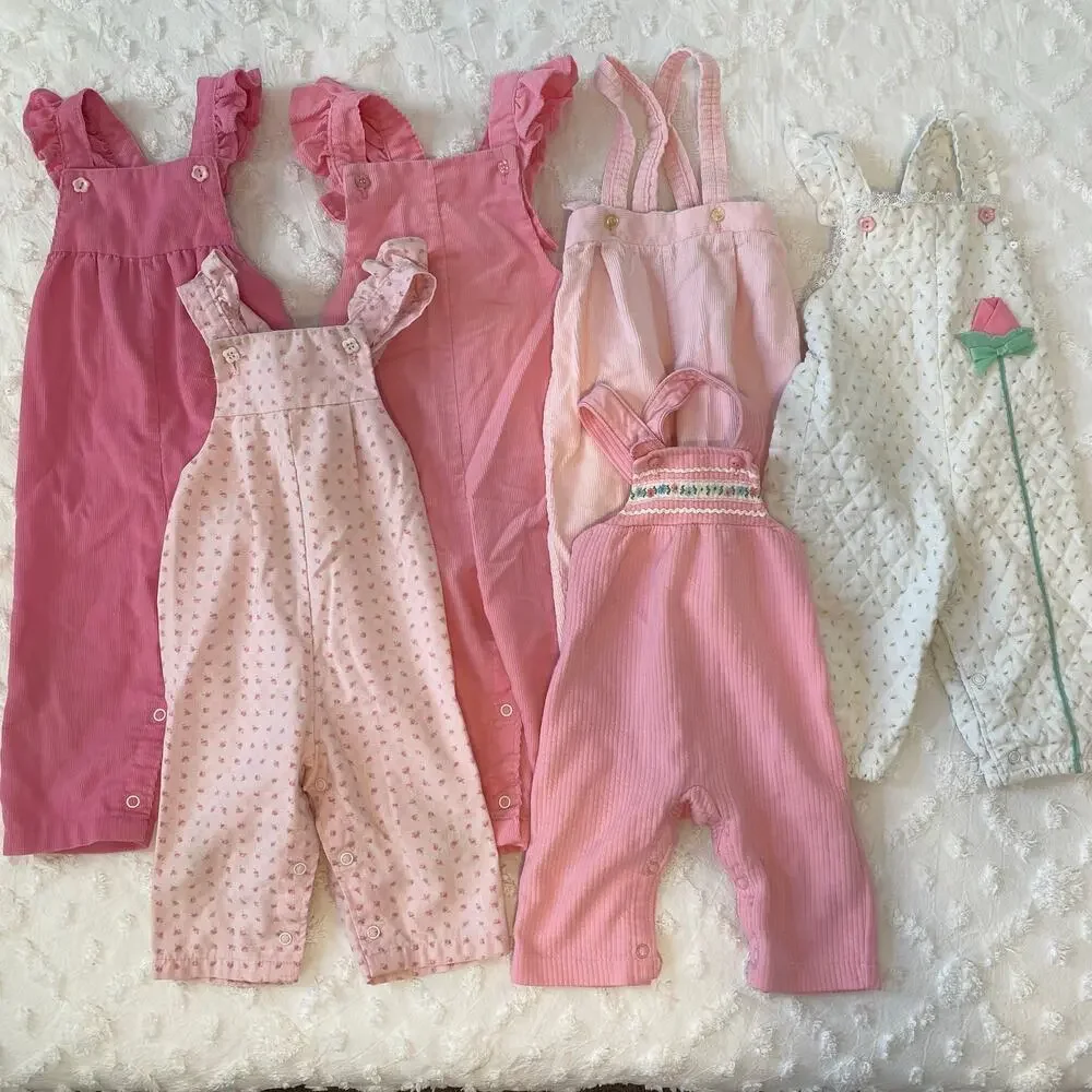 Lot of 6 VTG 80s 90s Baby Girl Overalls 9 - 24 mo Cottagecore Corduroy Floral